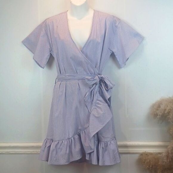 Romeo & Juliet Couture pin stripe V neck ruffle hem mini wrap dress ( M) Preppy - Picture 3 of 13